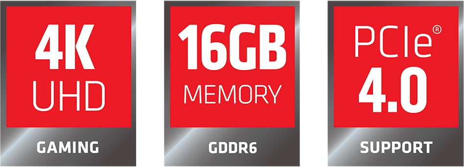 4K HUD Gaming, 16GB GDDR6 Memory, and PCIe 4.0 Support Icons
