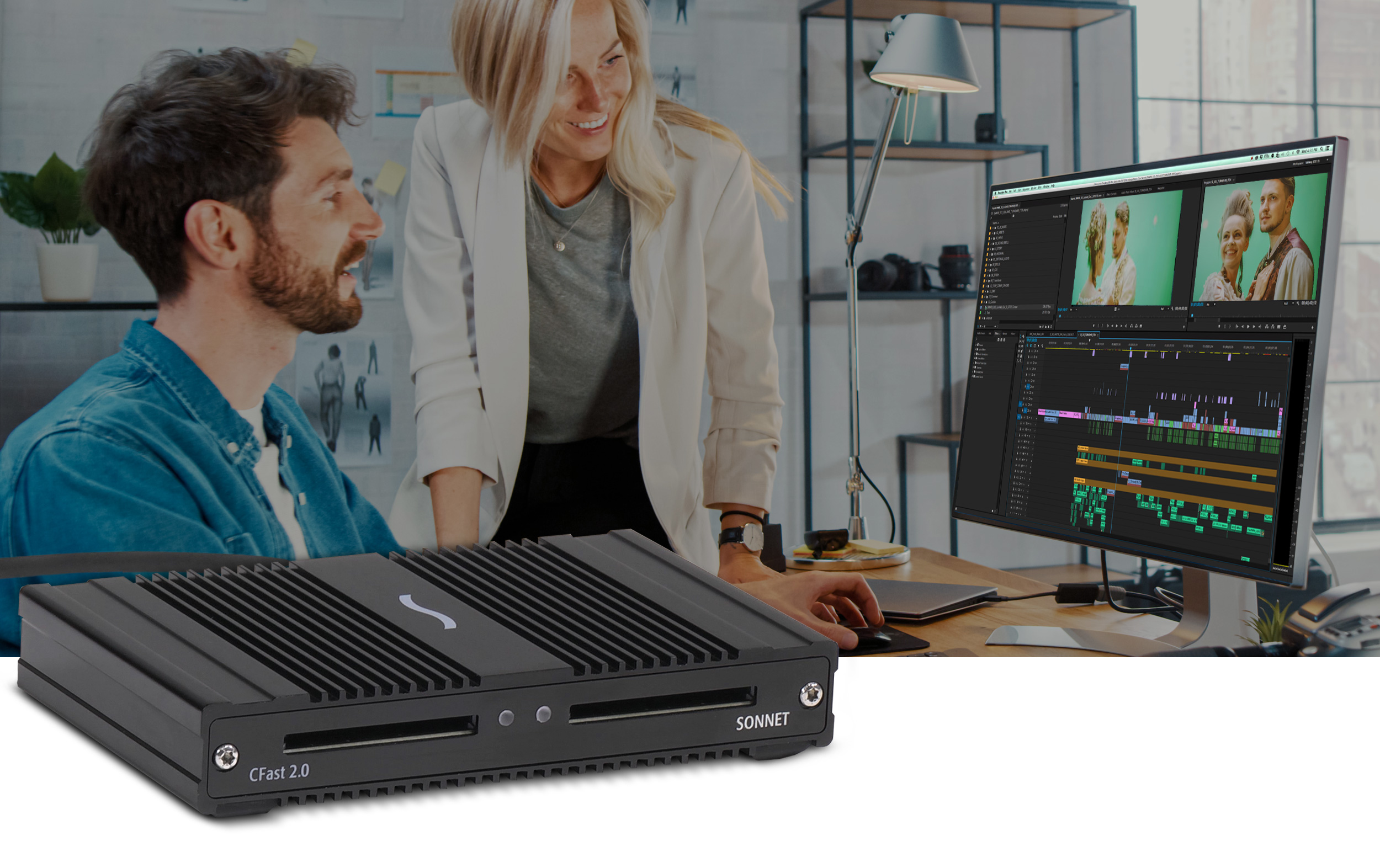SF3 Series - CFast 2.0 Pro Card Reader with two people editing video in the background.