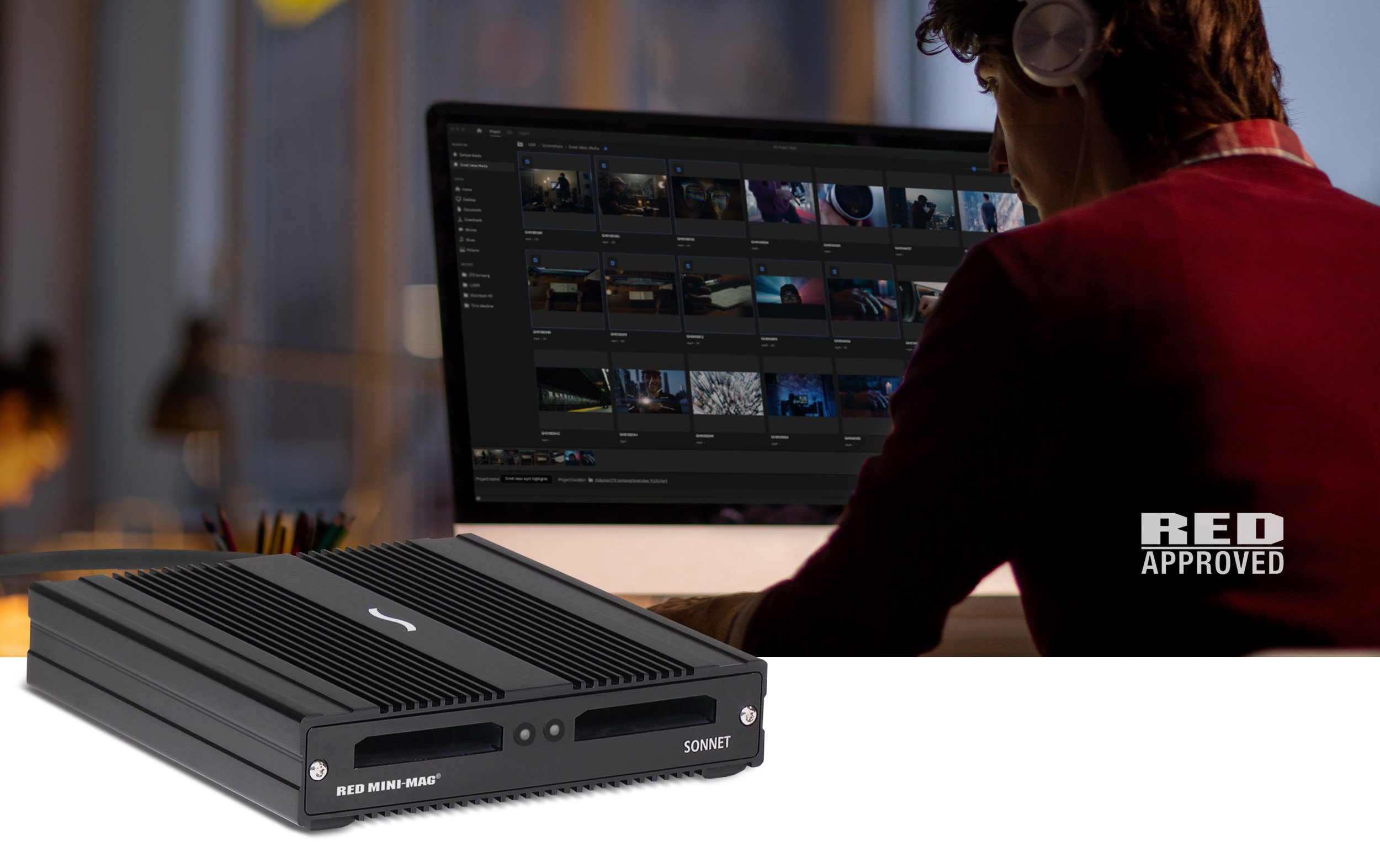 SF3 Series - RED MINI-MAG Pro Card Reader with video editor reviewing video in the background.