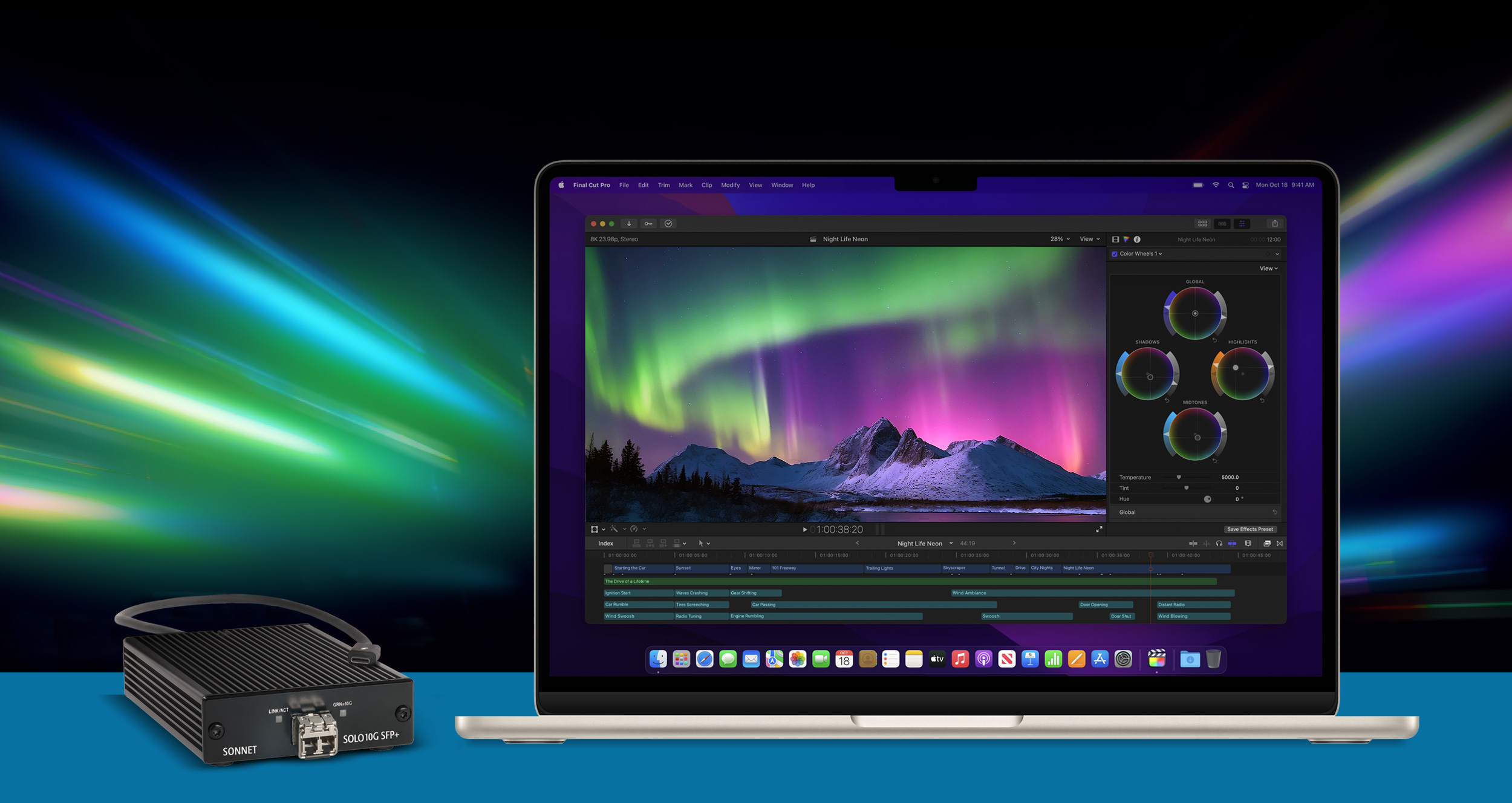 Solo10G SFP+ Thunderbolt Adapter shown sitting next to a MacBook Pro.