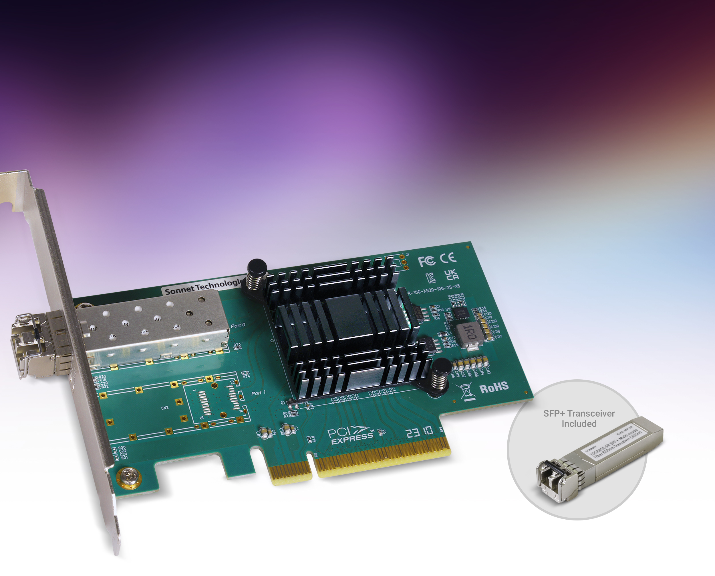 Solo10G SFP+ V2 PCIe Card shown with SFP+ transceiver.