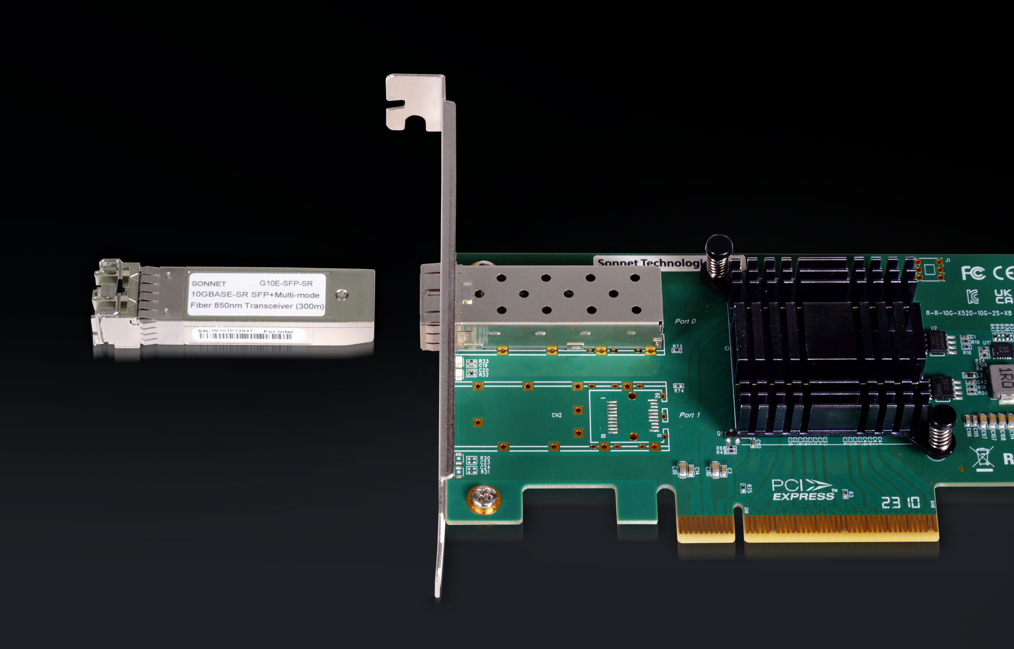 Side view of Solo10G SFP+ V2 PCIe Card with SFP+ transceiver shown next to it.