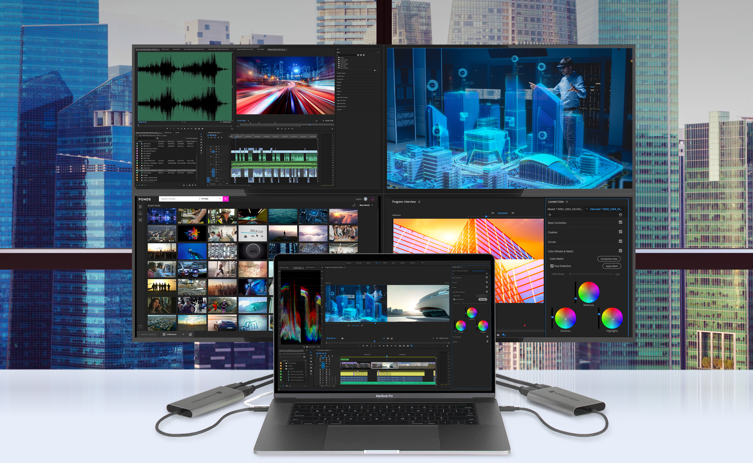 Four 4K HDMI Monitors Connected to MacBook Pro with Two Thunderbolt Dual HDMI Adapters