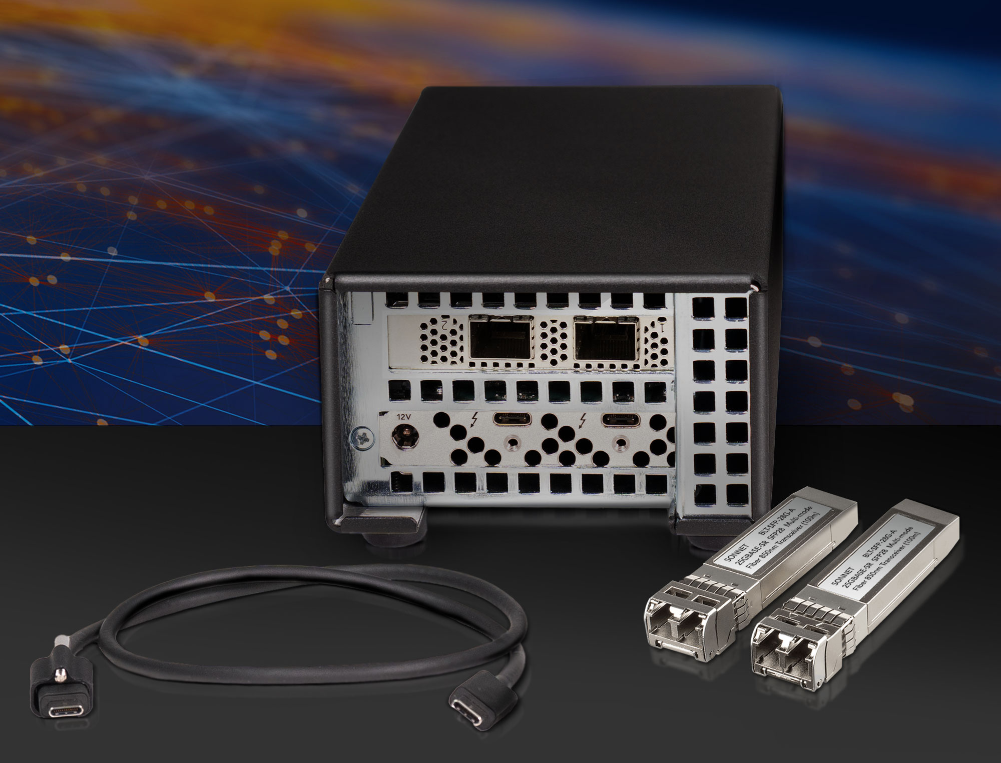 Networking Globe with Twin25G, SFP28 Transceivers, and Thunderbolt Cable