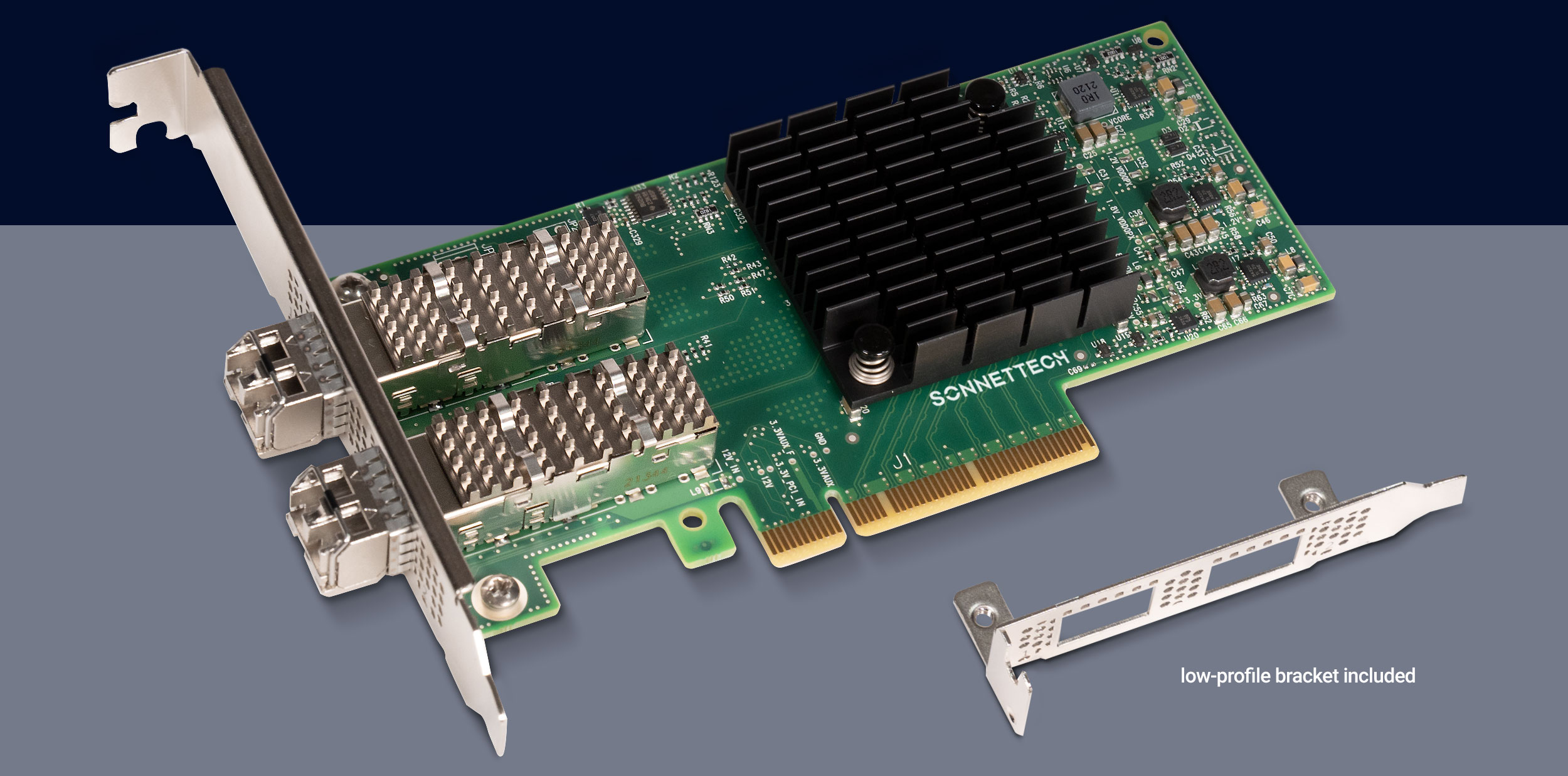 Twin25G PCIe Card Shown with Full-profile Bracket and Separate Included Low-profile Bracket