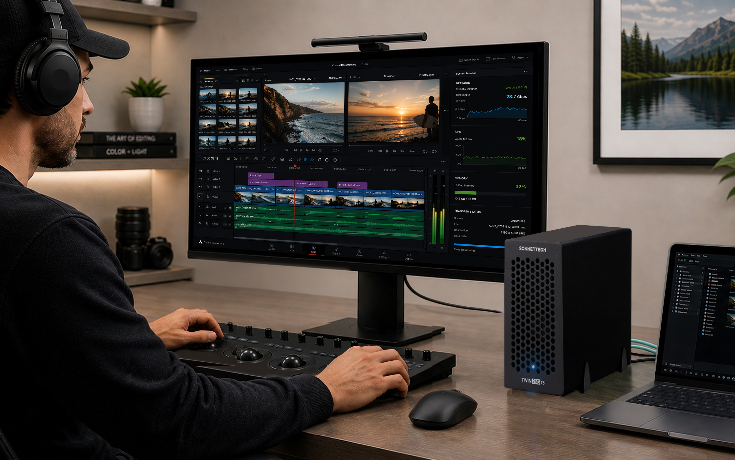 Video editor working on 4K display with Twin25G T5 Thunderbolt 5 adapter connected to MacBook Pro.