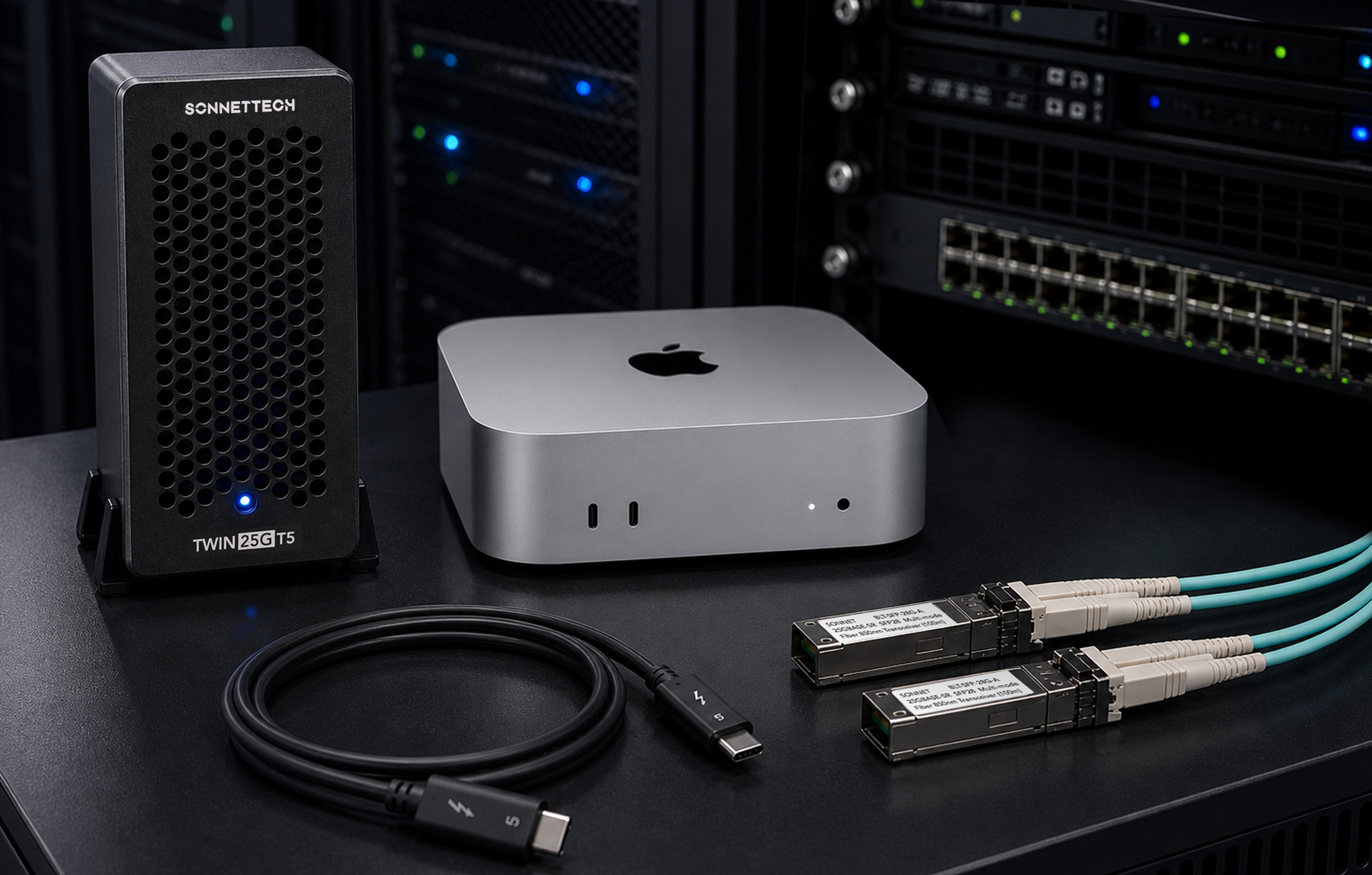 Twin25G T5 Thunderbolt Adapter with Mac mini, Thunderbolt 5 cable, and SFP28 transceivers sitting on a rack in a server room.