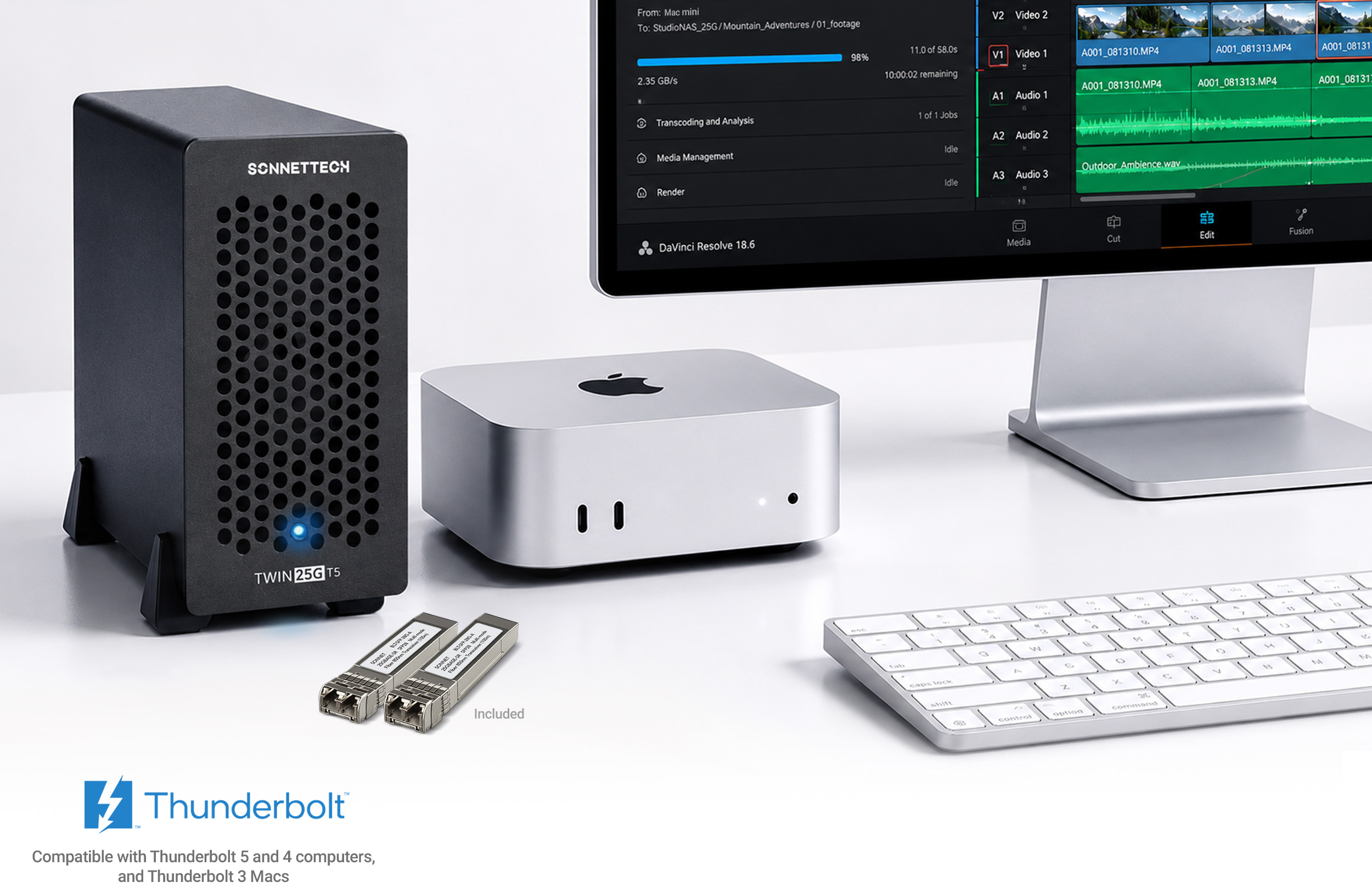 Twin25G T5 Thunderbolt 5 Adapter connected to Mac mini video editing workstation.