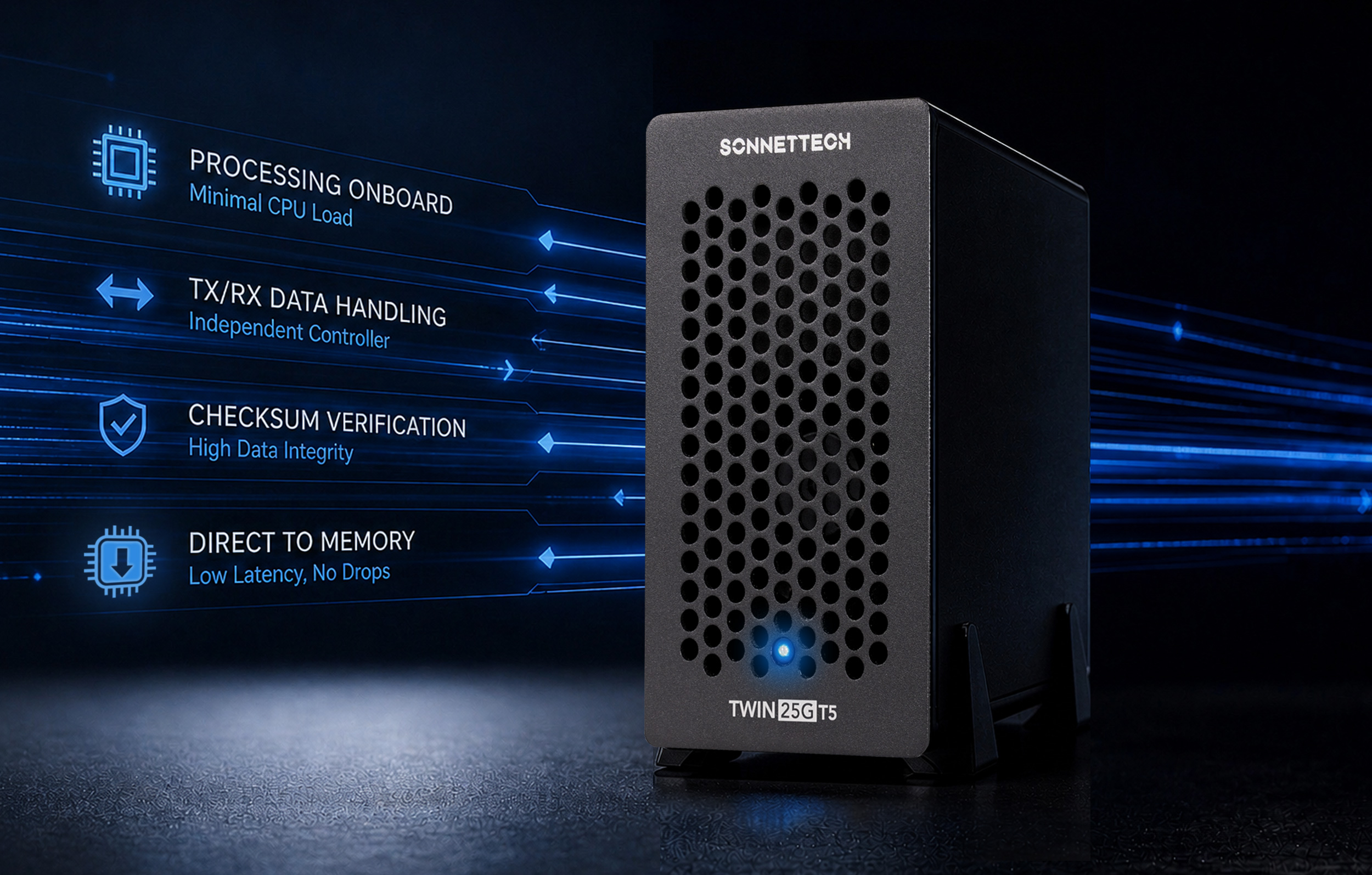 Front view of Twin25G T5 Thunderbolt adapter with abstract image of data moving behind the enclosure.