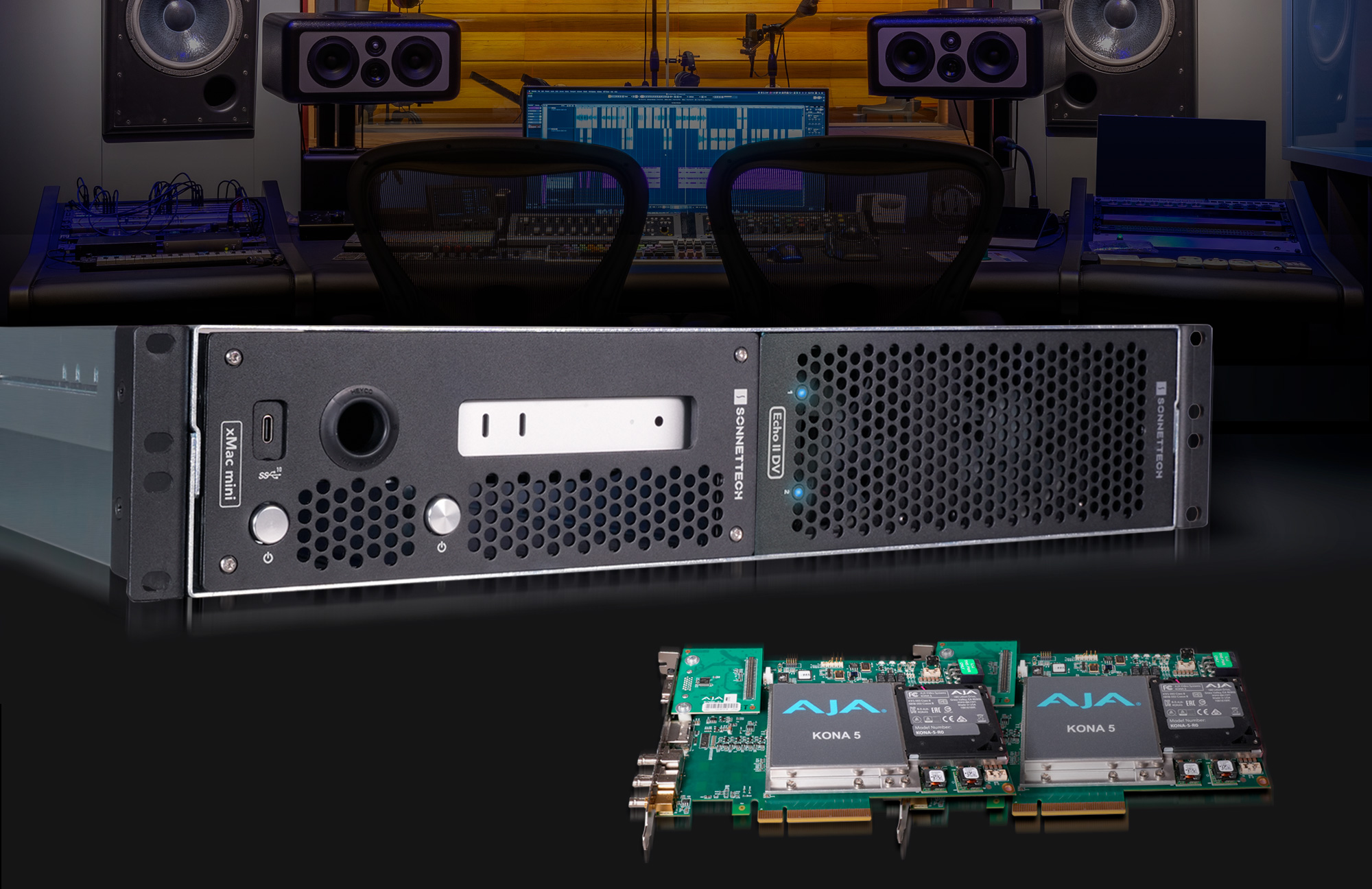 xMac mini front view with two AJA Kona cards laying next to enclosure and recording studio in background.