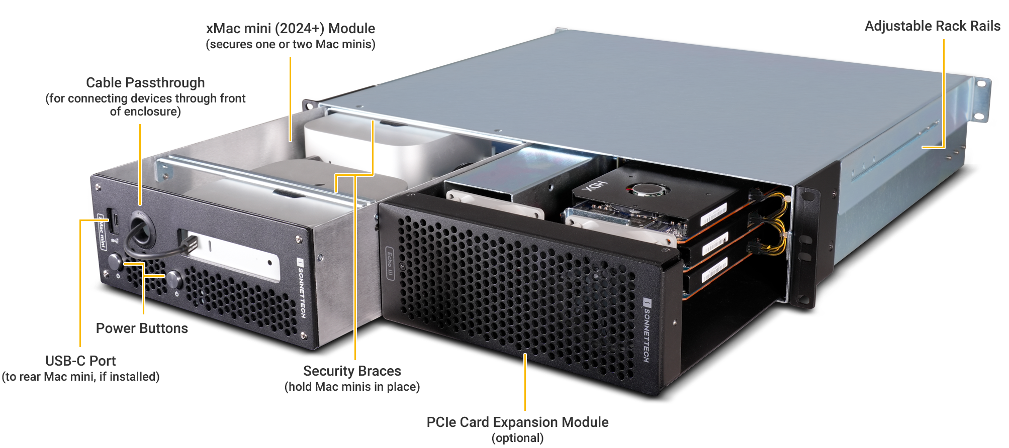 xMac mini front view with modules pulled out.