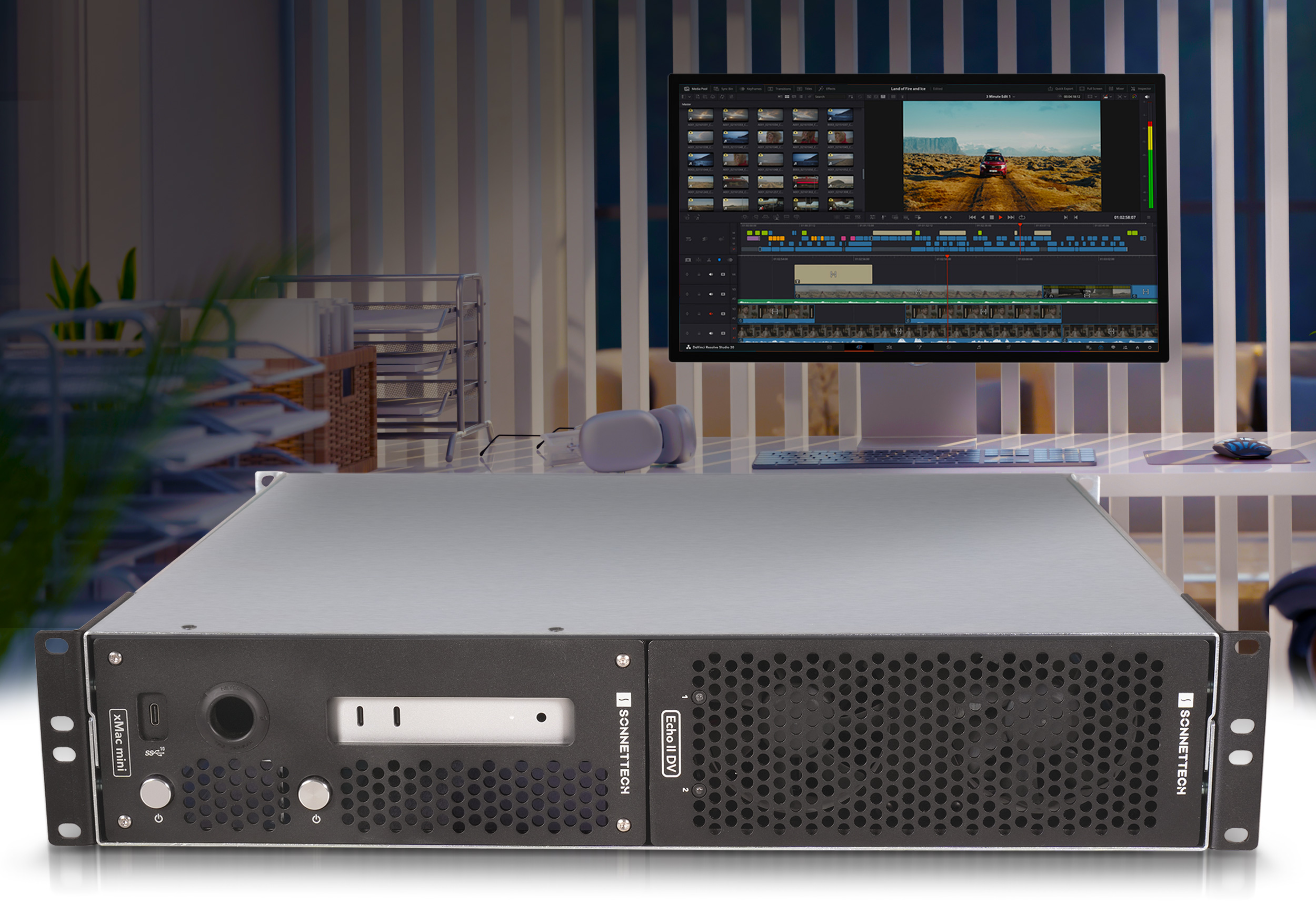 RackMac mini (2024+) enclosure front view with recording studio in background.