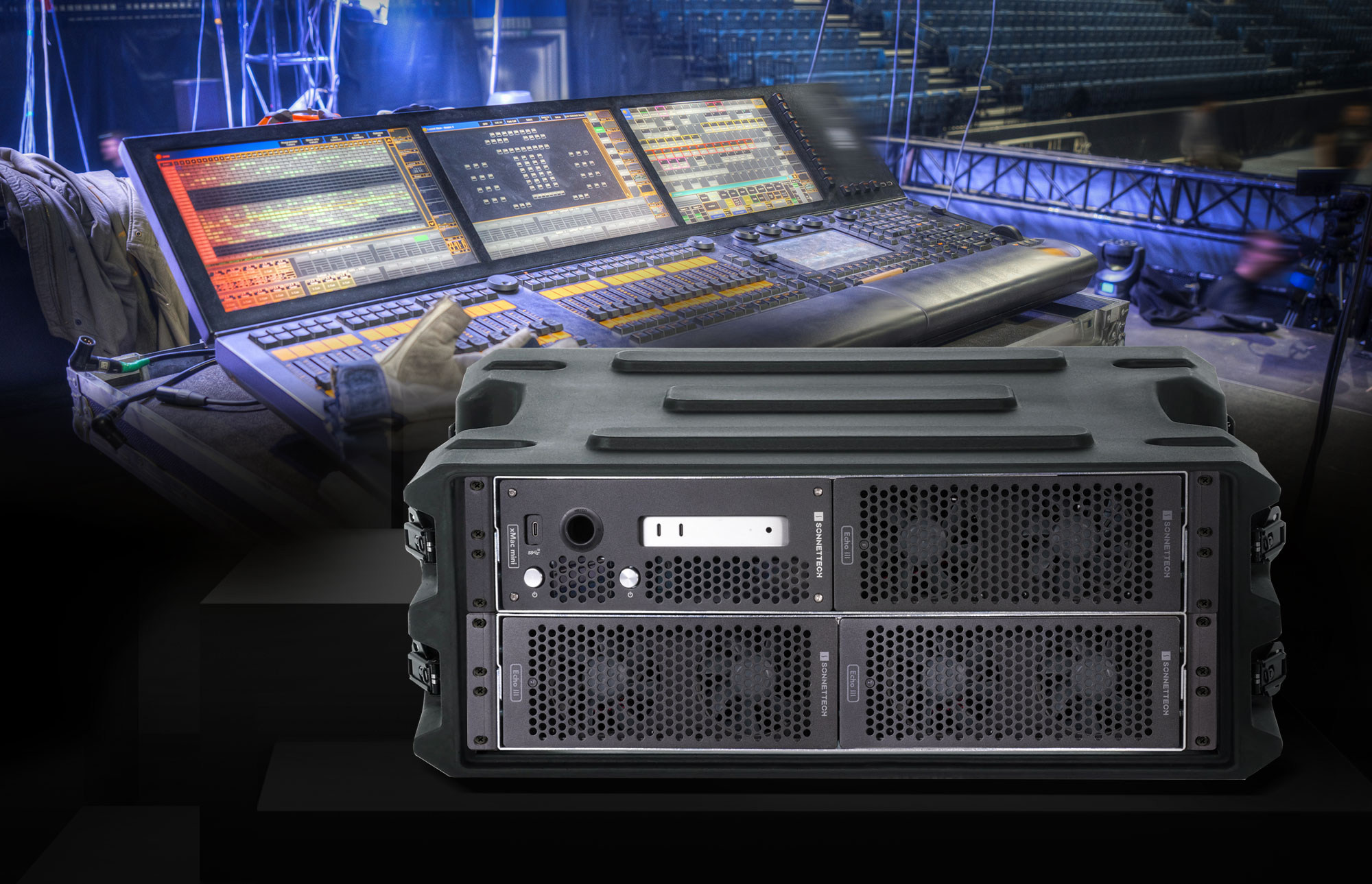 xMac mini (2024+) enclosure installed in a mobile rack kit with back stage concert setup in the background.