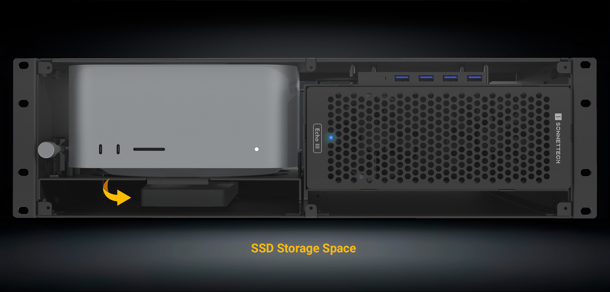 xMac Studio without Front Panel Showing Location of Installed SSD Drive In SSD Storage Space