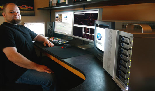 Joshua Martelli at the video editing station with the Sonnet Fusion D800RAID